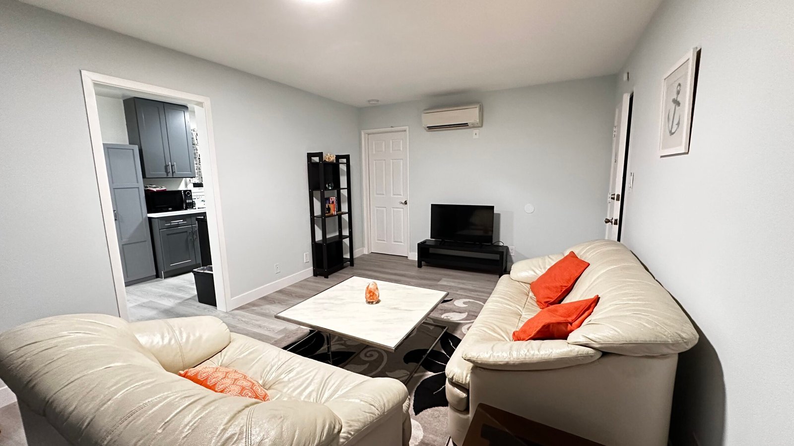 Furnished Los Angeles living room with sofa, TV, and natural light
